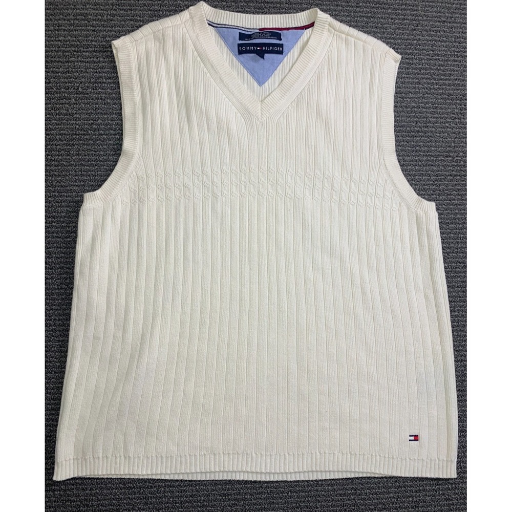 Tommy Hilfiger Knit White Sweater Vest Varsity Tennis Golf Men's Size L - Picture 1 of 14